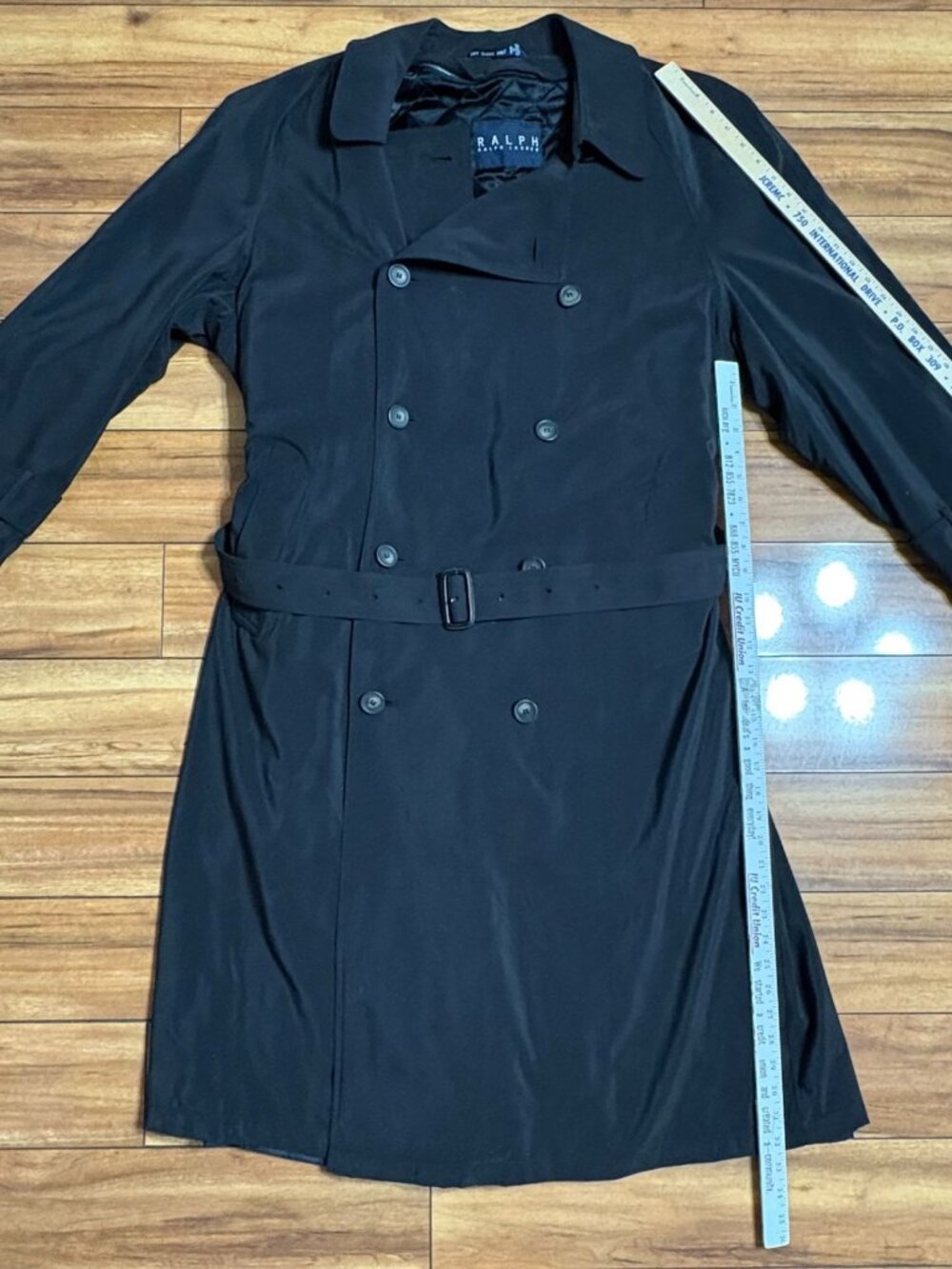Vtg Ralph Lauren Black Double-Breasted Trench Coat  Belt Lined Men's 44R L/XL - Picture 7 of 12